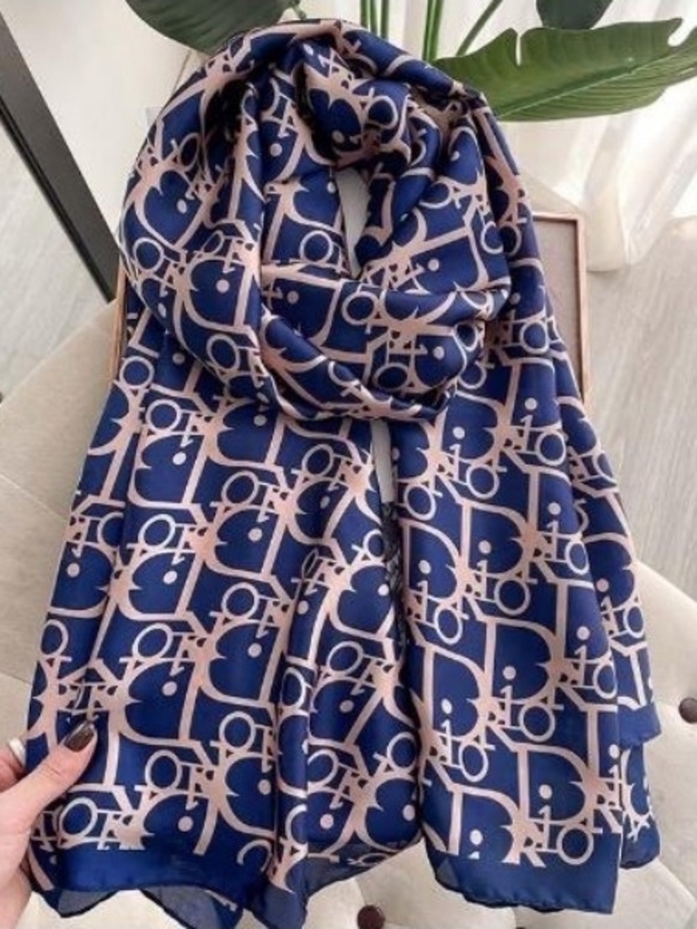 Navy and Blush Signature-Print Fashion Scarf